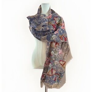 Asian Eye 100% Wool Hand Embroidered Scarf 76"x13" Artisan Earthy Boho Art Brown